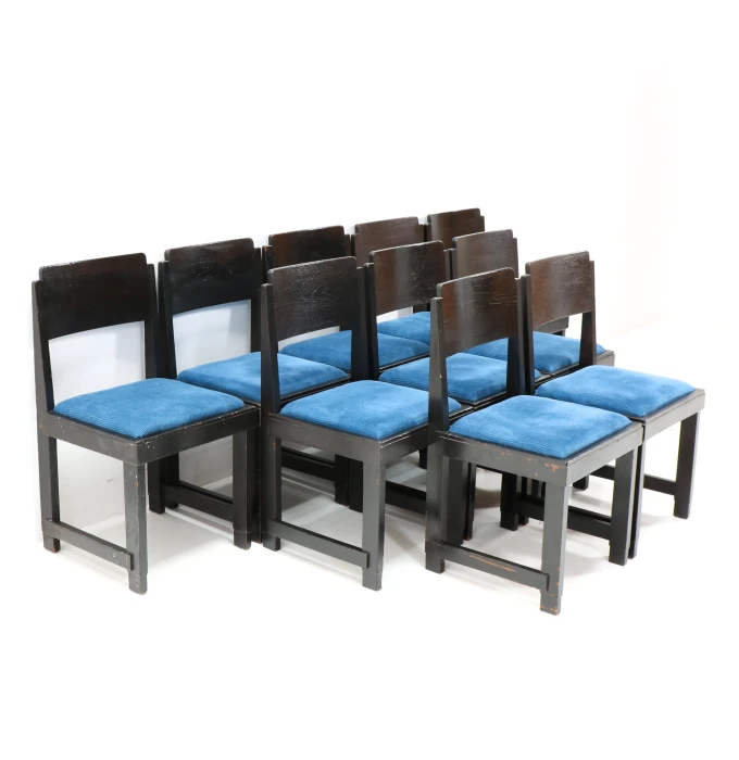 Set of 10 Art Deco Dining Chairs, Black Lacquered Oak, 1920s